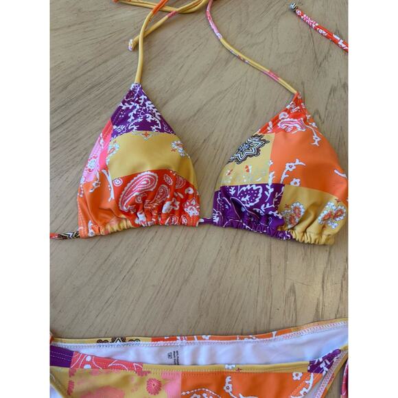 boho bikini & skirt MED Sheer coverup orange yellow Swimsuit 3 Piece Set Sexy - Picture 3 of 7